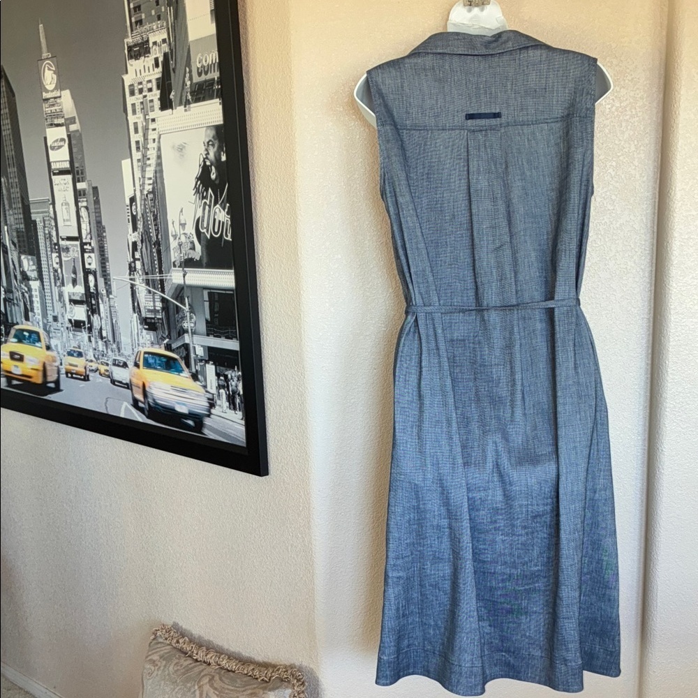 BEAUTIFUL Lustrous Blue Linen Dress, Sleeveless Pockets, Belt, Side Slits L EUC - Picture 5 of 16